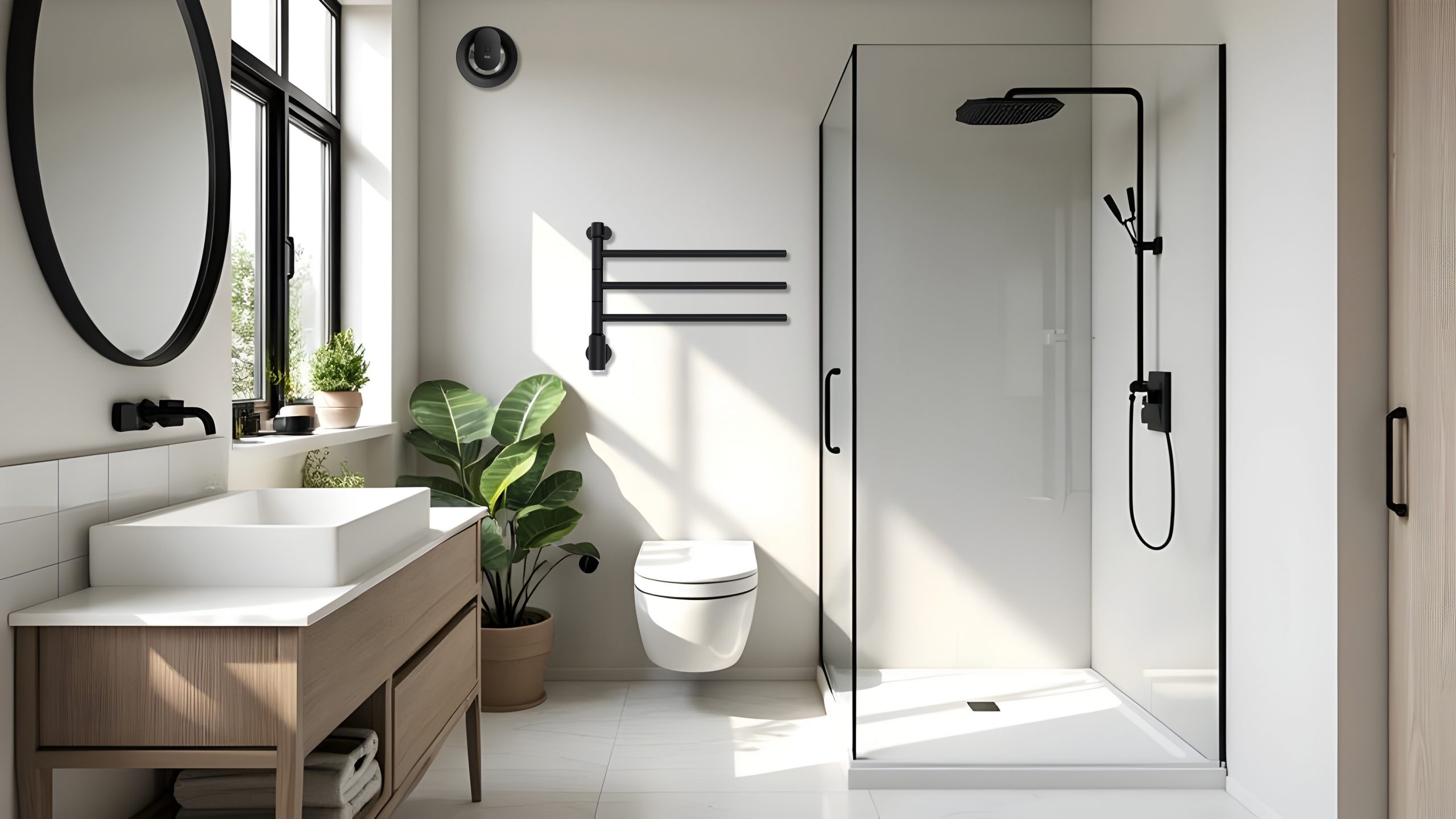 White minimal bathroom with mirror and shower with greenery vase