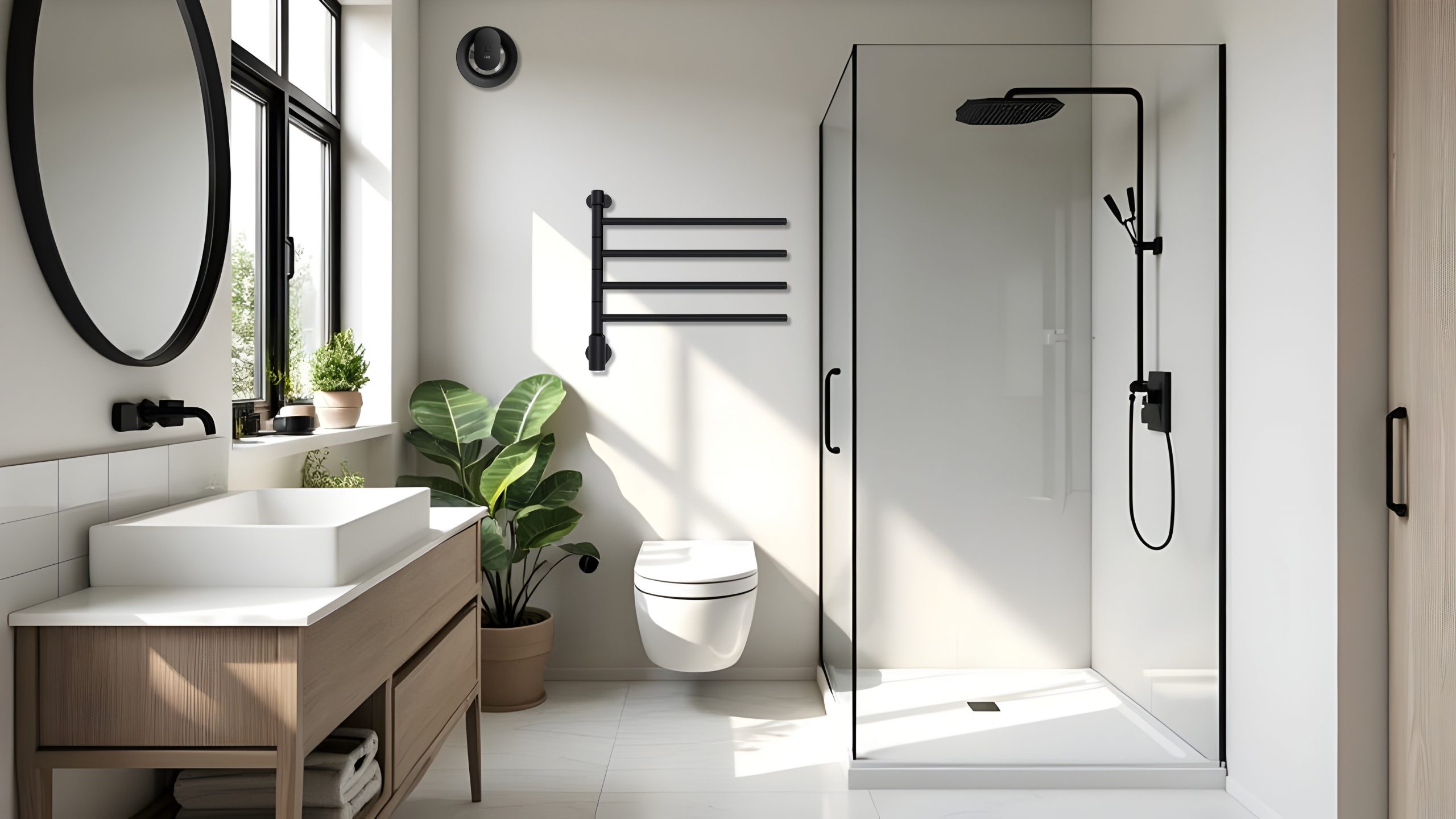 White minimal bathroom with mirror and shower with greenery vase