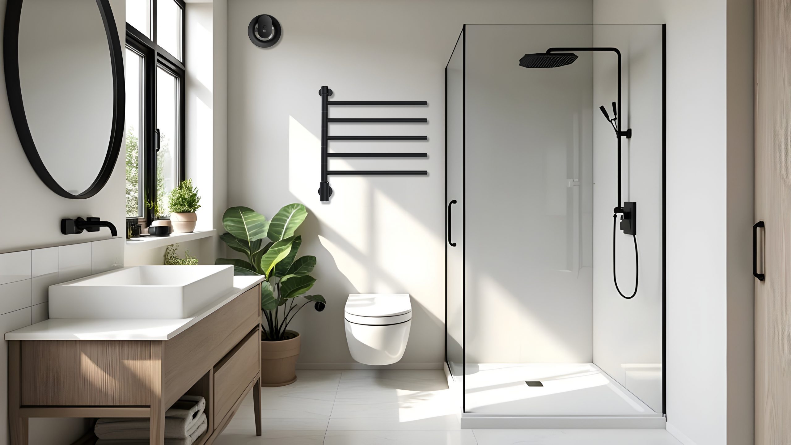 White minimal bathroom with mirror and shower with greenery vase
