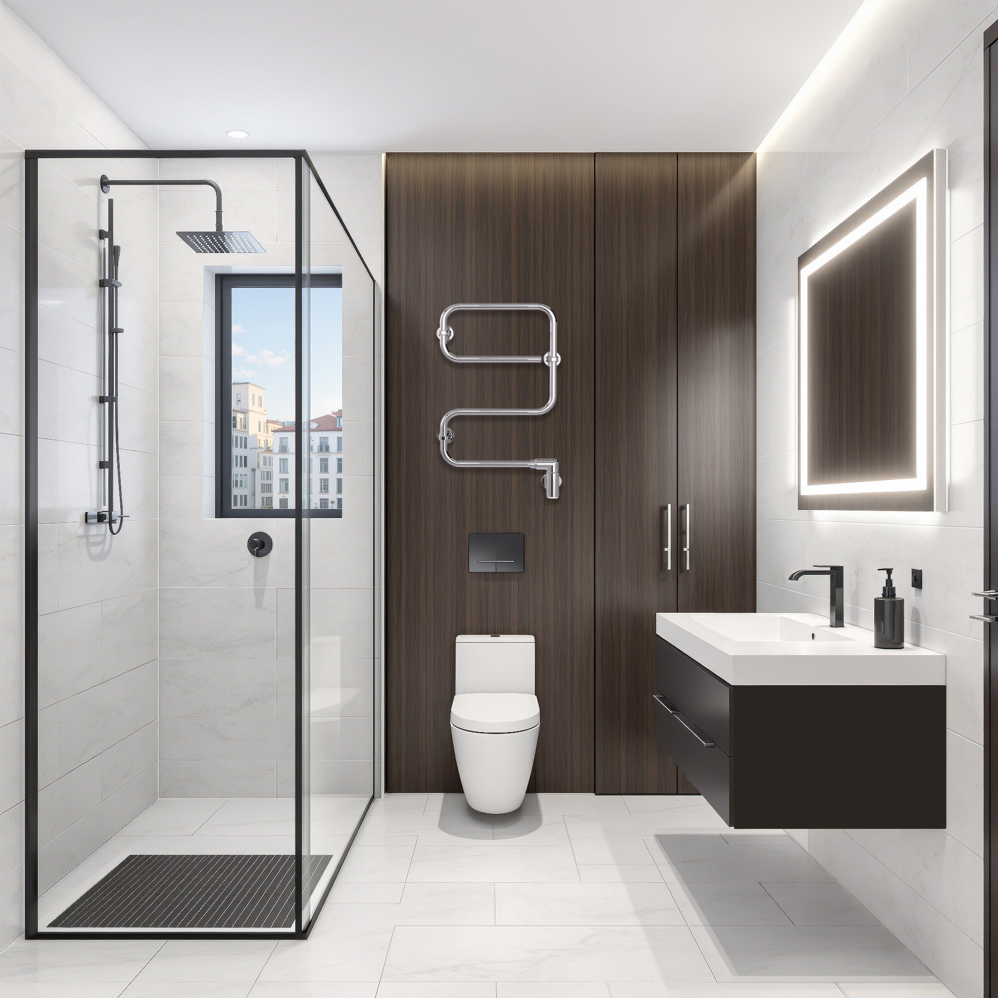 A modern bathroom features a glass shower, white tiles, and dark wood accents.